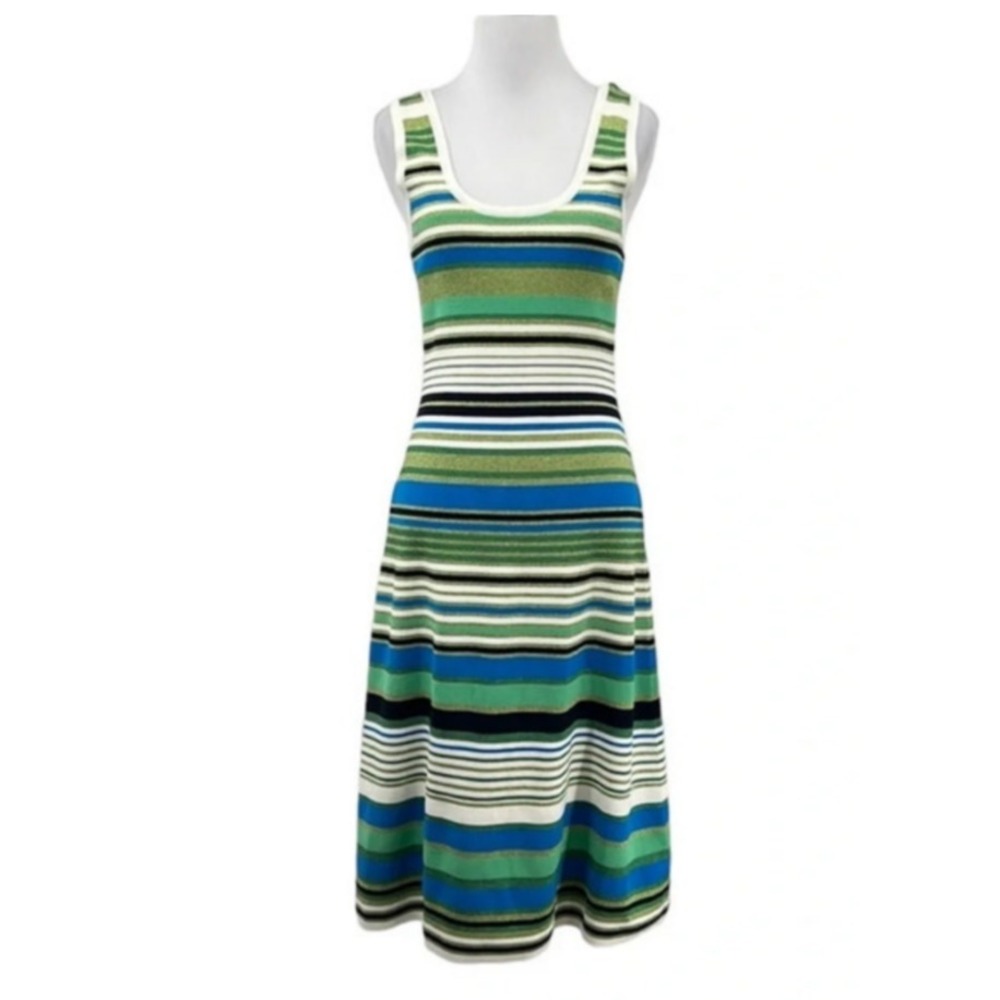 VERONICA BEARD Dulce Metallic Stripe Midi Tee Dress Scoop Neck Sleeveless SZ‎ L